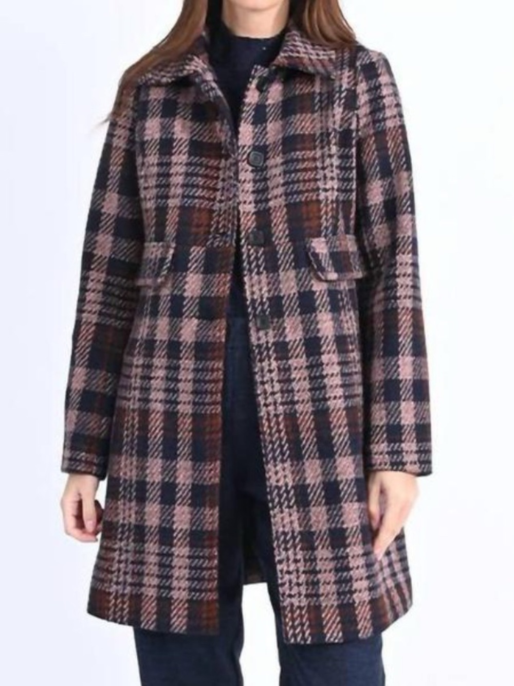 Molly Bracken Navy Plaid Woven Coat
